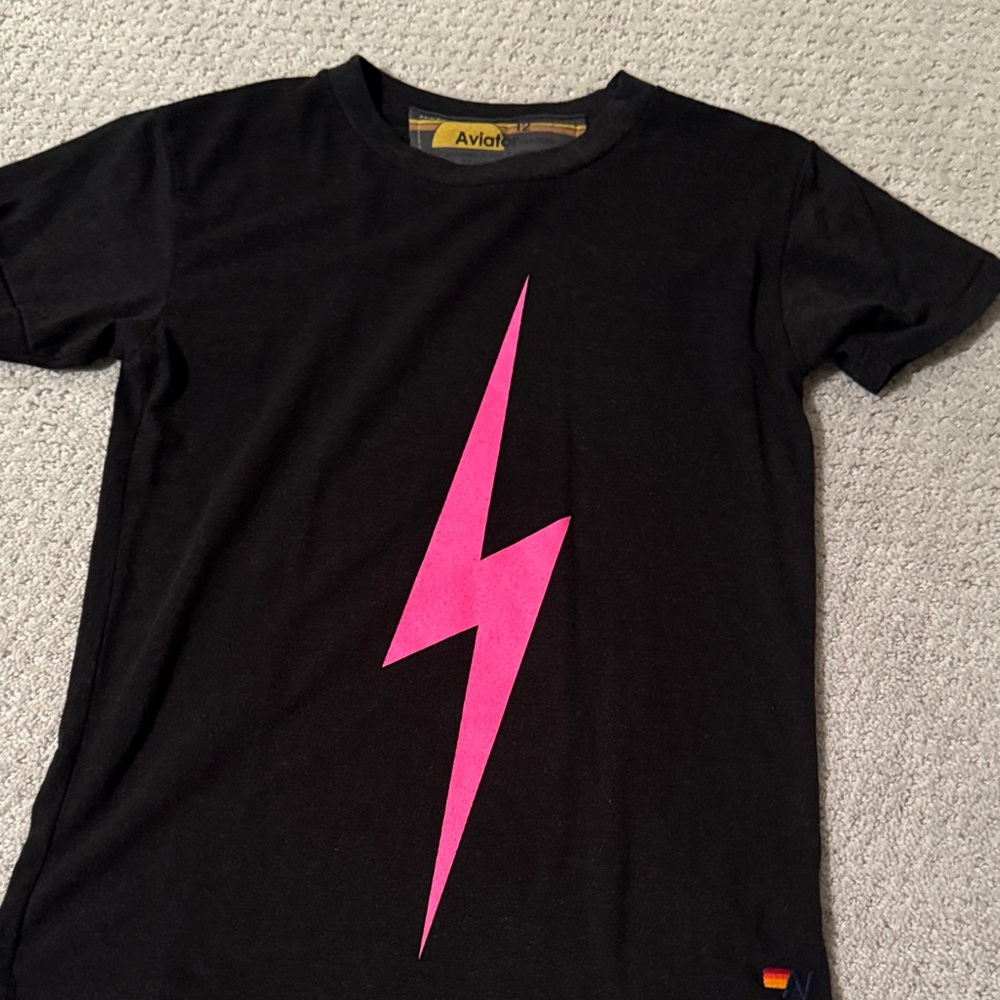 Aviator Nation kids Black Tee with Pink Lightning Bolt- size 12